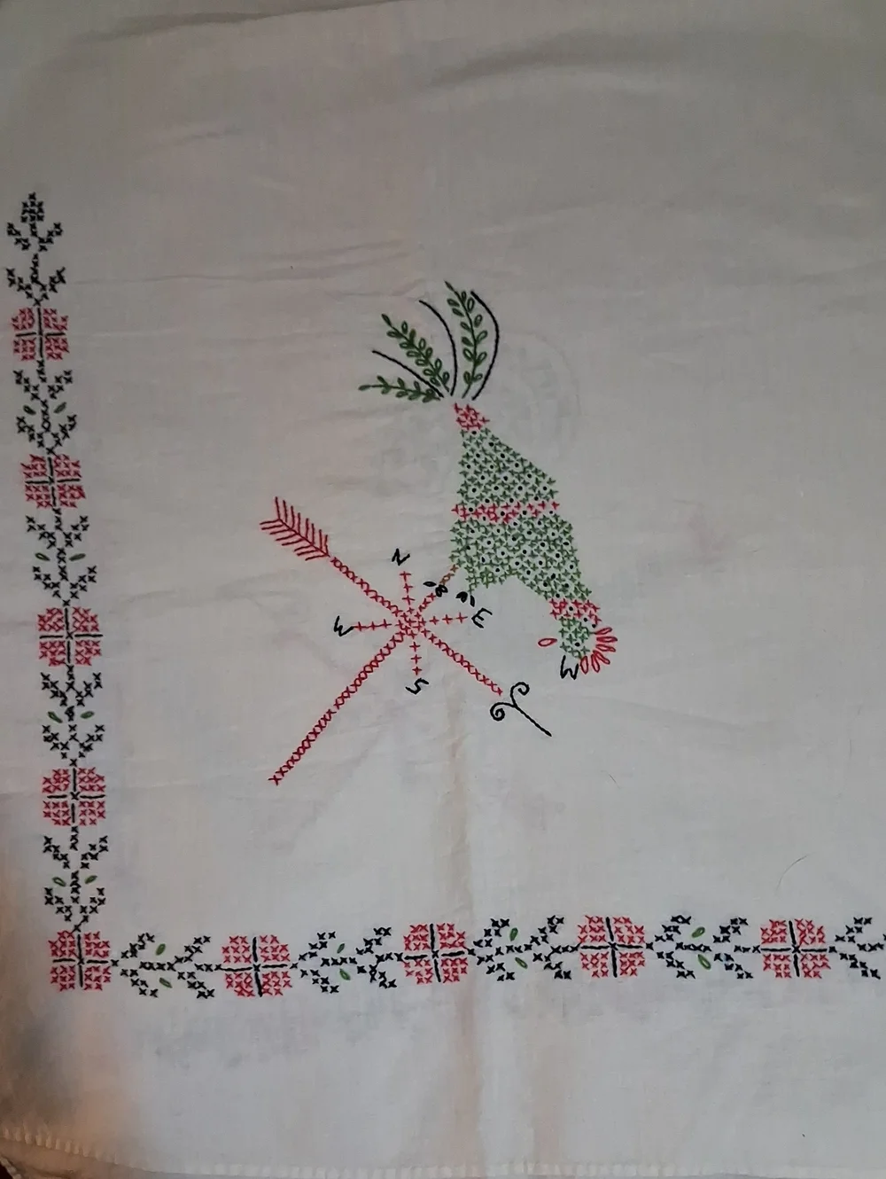 Embroidered Rooster Table Linen in Green, Red, Black